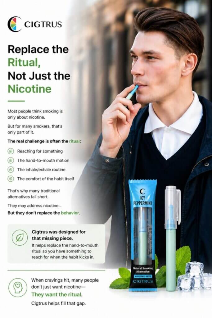 Nicotine-free smokeless inhaler used as a natural smoking alternative to replace hand-to-mouth habit